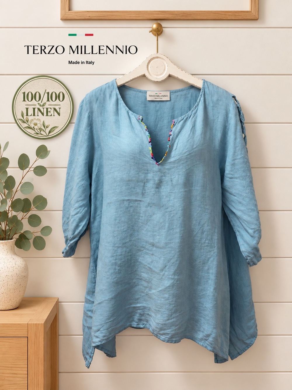 TERZO MILLENNIO – 100% Linen Asymmetrical Tunic – Blue – Size 1X – Made in Italy